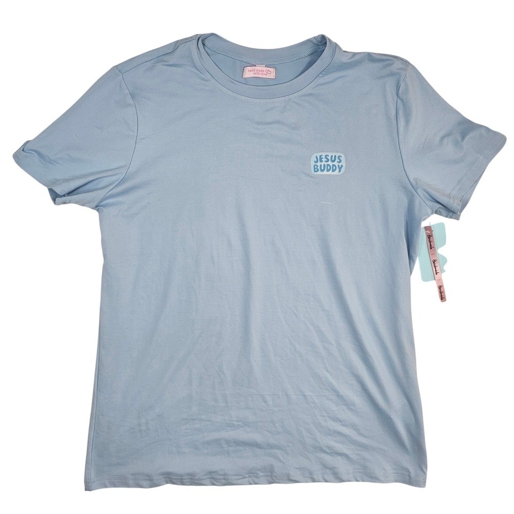 Handmade Jesus Buddy Graphic T-Shirt Light Blue Short Sleeve Crew Neck Large